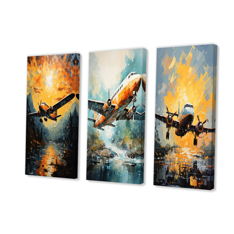 In Flight Plane Horizons - Ensemble de 3 impressions sur toile, H 28 po x l 36 po, Toile tendue