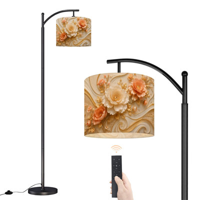  Lampe sur pied en arc à motif floral en relief 3D à détails dorés, fleurs douces et pêche, grande lampe sur pied moderne, abat-jour réglable en lin à 3 couleurs