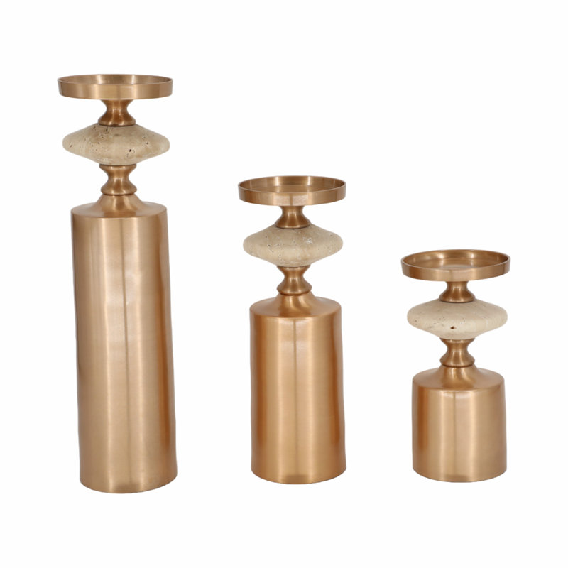 Set of 3 Metal and Marble Pillar Candle Holders & Taper Holders - Decorative Accent for Home Decor.