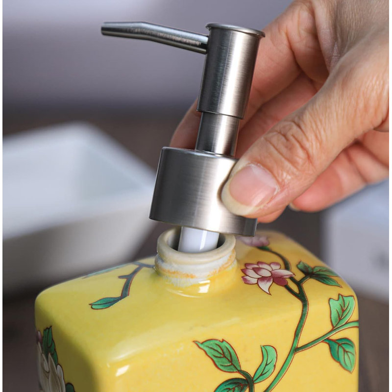 13oz Yellow Ceramic Soap Dispenser | Flower Pattern Lotion Bottle with Removable Pump | for Kitchen/Bathroom Soap & Oils