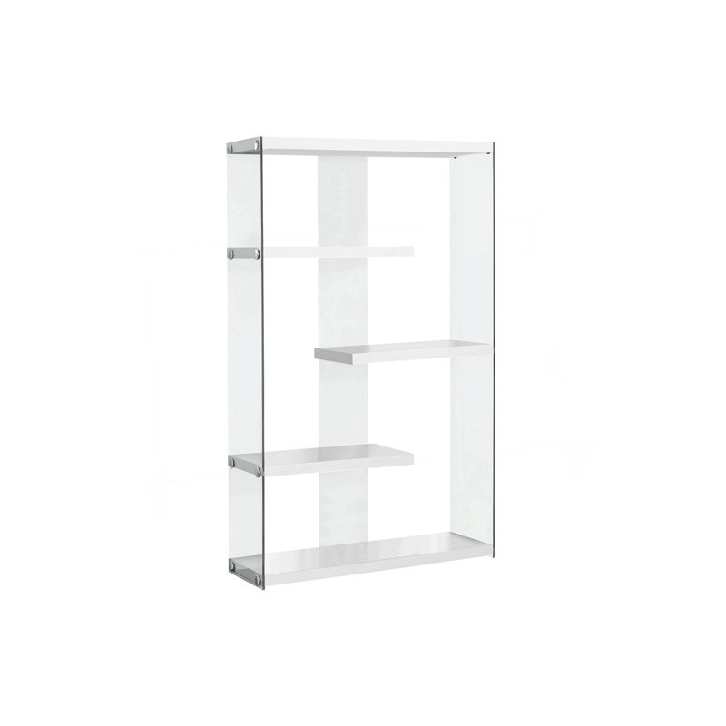 Bookcase, Bookshelf,Etagere, 5 Tier, 60"H, Office, Bedroom, Glossy White Laminate, Clear Tempered Glass, Contemporary, Modern