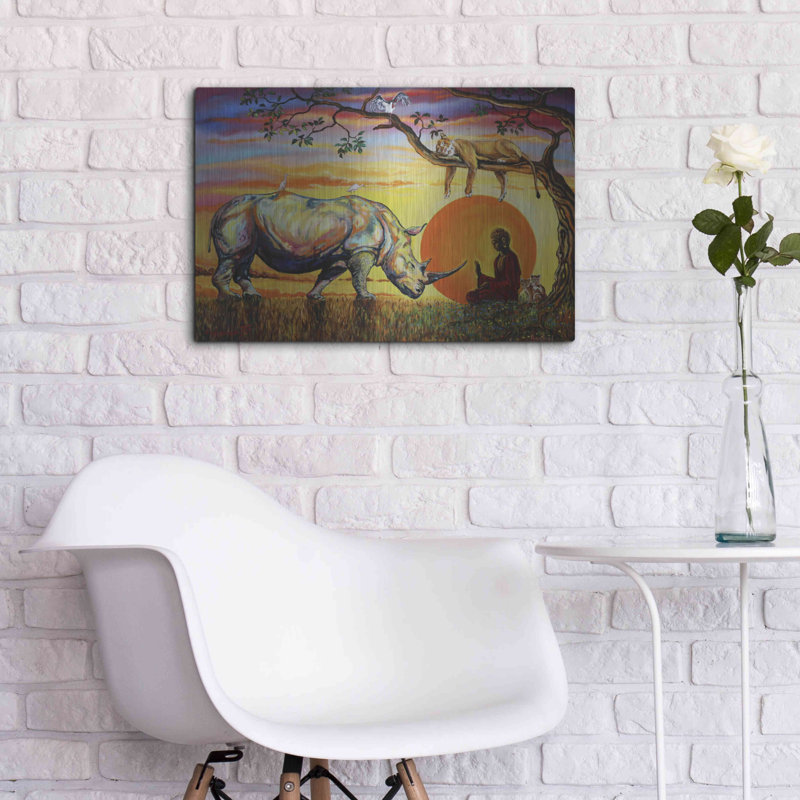 «Red Buddha Rhino» par Jan Kasparec, art mural en métal rouge, 24 po x 16 po