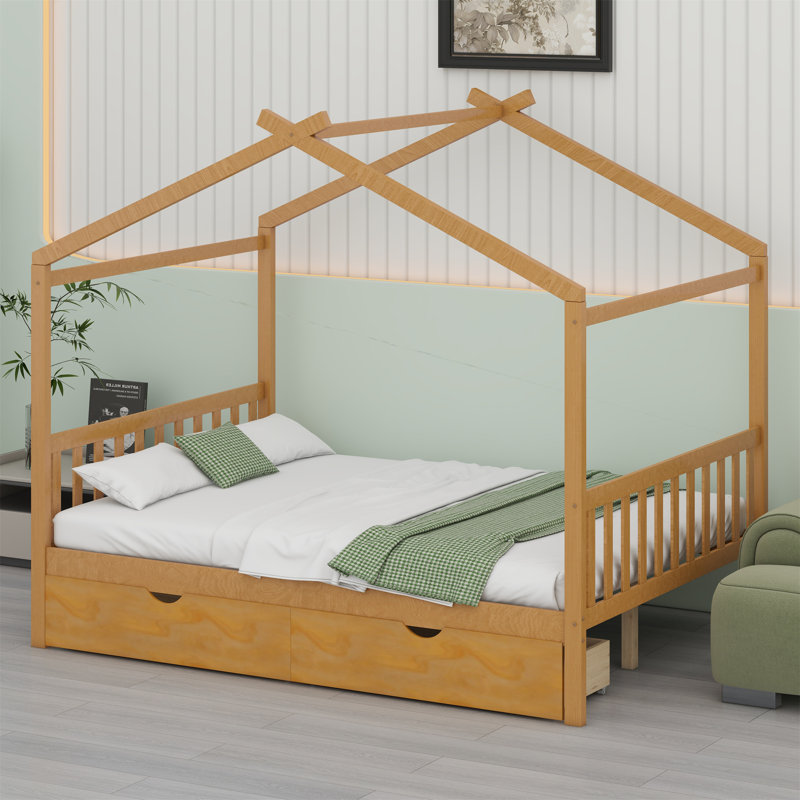 Lit plateforme en bois avec tête de lit et pied de lit House House, Natural