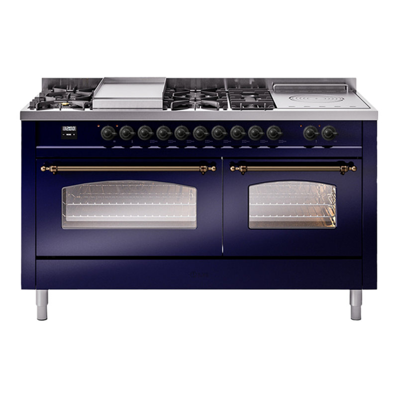 ILVE Nostalgie II 60 Dual Fuel Range, 5 Burners, Griddle, Frenchtop , Midnight Blue/Bronze, Natural Gas