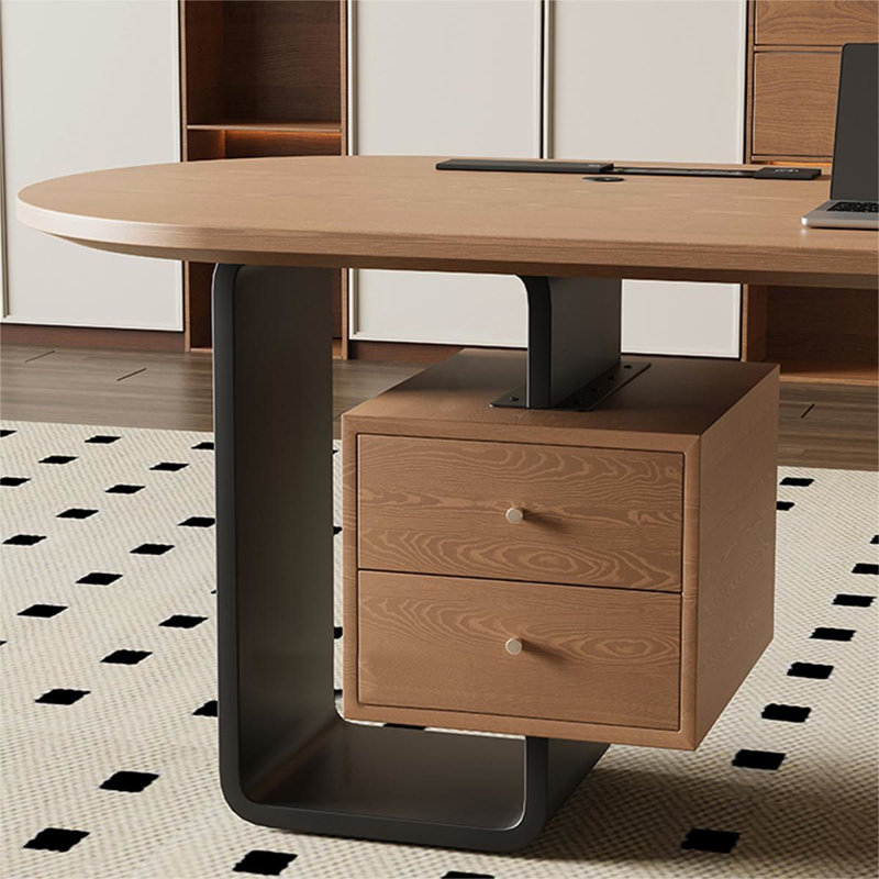 Bureau brun / noir + demi-cercle en bois massif + acier + acrylique avec 2 tiroirs, H 29,53 po x l 86,61 po x P 31,5 po