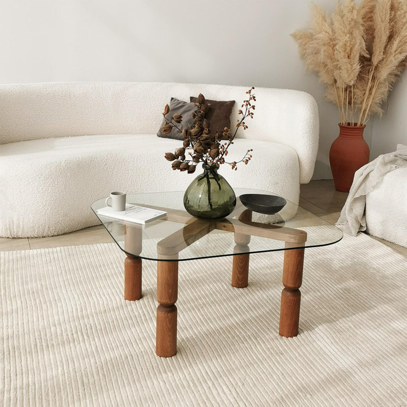 Table basse moderne avec plateau 100% verre trempé et structure 100% bois de hêtre, finition noyer, 31,5 po x 15,7 po x 31,5 po | Conception élégante et durable pour le salon et le salon, facile à nettoyer, élégance contemporaine