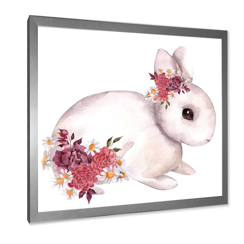 Mignon lapin et fleurs et feuilles d'automne - Peinture sur toile, H 36 po x l 36 po x P 1 po, Cadre photo argenté