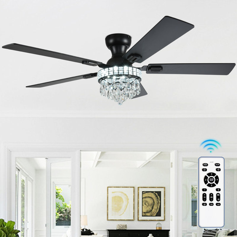  52 Inch Modern Crystal Ceiling Fan with Lights, Remote Controlled, Easy Installation, Safety Cable, 3 Color Temp & Memory Function