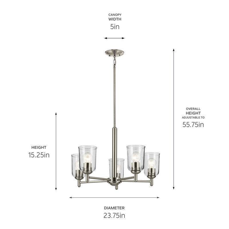 Lustre 5 lumières 18,5 "avec verre transparent 18,5", Nickel brossé