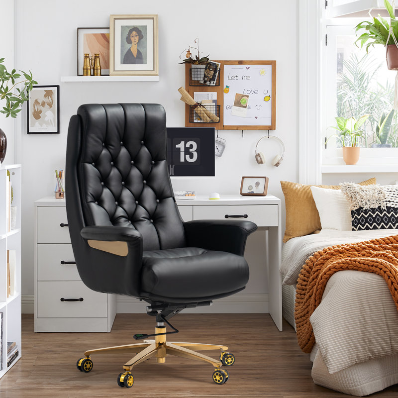Kinnls Cellier Massage Office Chair, Modern Genuine Leather Executive Chairs for Office Desks, Ergonomic Office Recliner Chairs, Adjustable Height Tilt Lock, Black