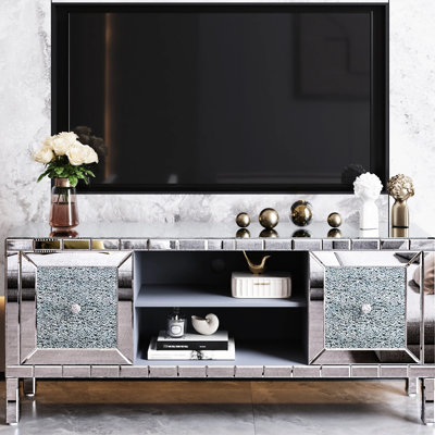 60-Inch Mirrored Tv Console, Diamond - Shaped Doors, 65-Inch Accommodation, Functional Media Organization, Easy Assembly Stand, Shimmering Glass, Tv, Storage, Installation