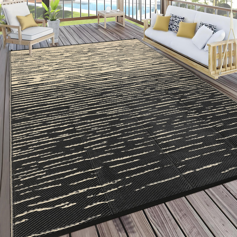 Waterproof Reversible Outdoor Patio Rug 8x10ft – Plastic Straw Carpet with Rubber Particle Backing, UV Resistant, Modern Deck & Backyard Area Mat, Ideal for Camping, RV, Picnic – Black Coffee