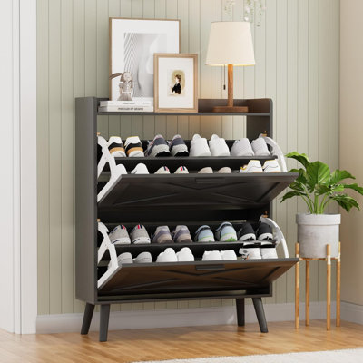 Armoire de rangement à chaussures de ferme de 32 pouces de largeur avec porte de grange et 2 tiroirs rabattables, étagère à chaussures étroite et étroite avec tablettes réglables pour le hall d'entrée du vestibule