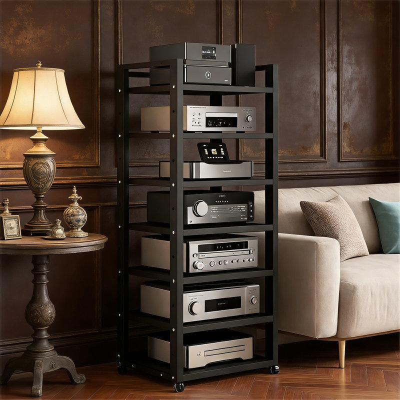 Black 7-Tier Audio Rack Tower With Adjustable Wooden Shelves, Weight Capacity 661 Lbs, For Stereo Components