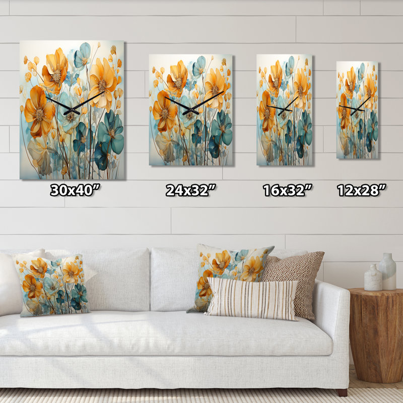 Teal Orange Botanical Fragments I - Horloges murales Abstract Botanicals, Très grand