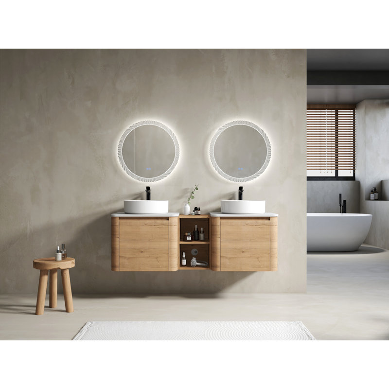 Meuble-lavabo mural 60 po avec lavabo d'art en céramique et 1 tablette de rangement, porte à fermeture en douceur