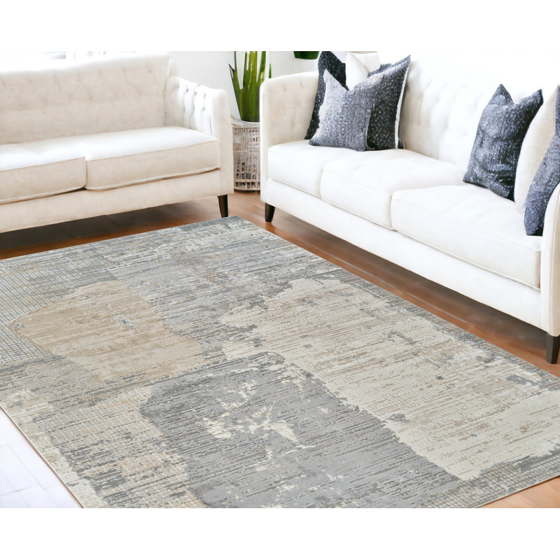 Tapis abstrait gris et crème 5 pi x 8 pi