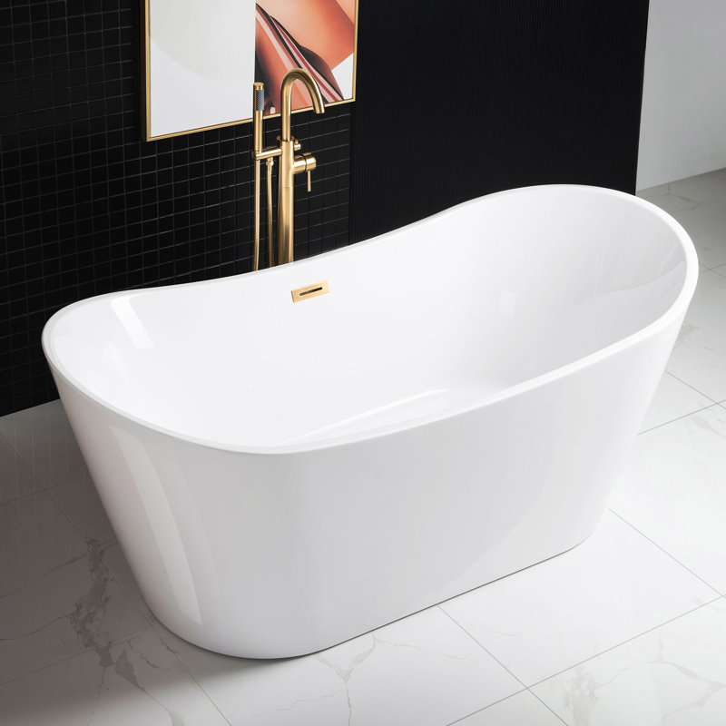 Baignoire de trempage autoportante en acrylique 71 po x 31,5 po, Or brossé, Blanc
