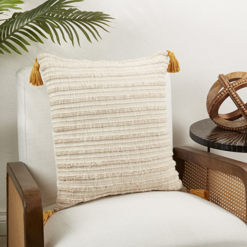 Beige Cotton Striped Woven Throw Pillow with Tassels