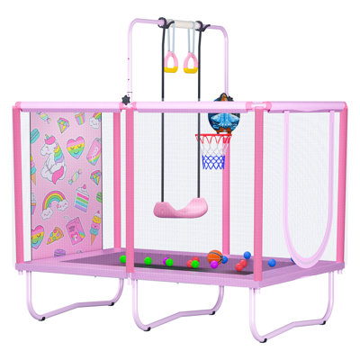 Rectangle Kids Trampoline With Safety Enclosure,Ball Pit, Swing, And Rings,Pink