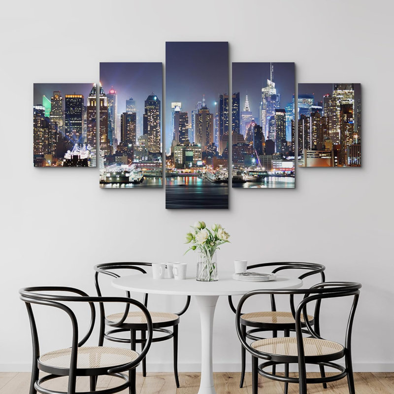 «Vibrant NYC Lights Manhattan Skyline At Night», impression sur toile 5 pièces