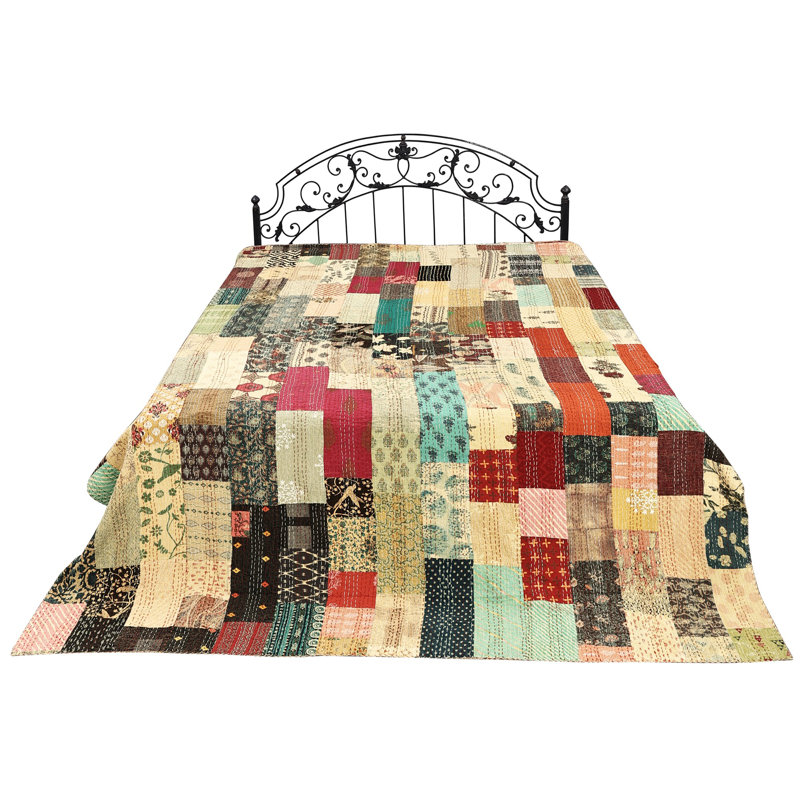 Exotic India Pure Cotton Bedcover Multicolor Kantha Embroidery Patch Work, Multicolor Geometric 1