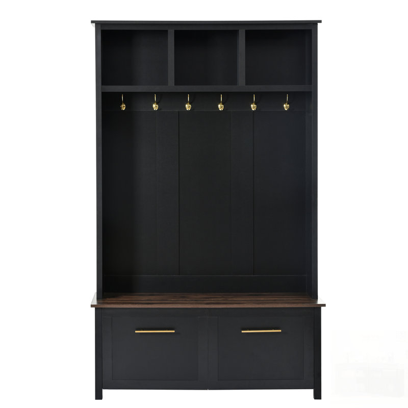 Versatile 4-In-1 Hall Tree With 6 Hooks, Wood Grain Bench, Multiple Storage, Entryway Coat Rack, 2 Drawers, Black