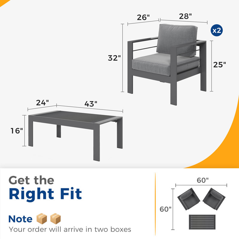 2-person All Aluminum Outdoor Conversation Set With Cushions, Gray, 3 Pcs: 2 Chairs, Coffee Table, Gray