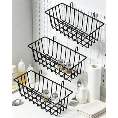 Grid Panel Hanging Wire Baskets Set of Three for Wall Storage and Home Decor, Sturdy and Durable Black Wire Baskets for Wall Grid Panel Organization