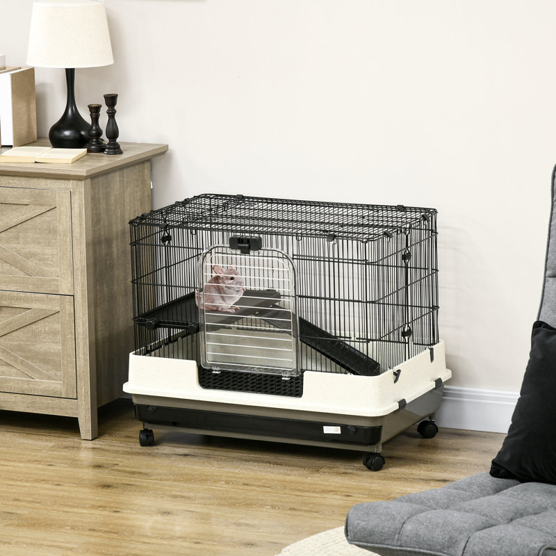 Cage 26 po pour petits animaux sur roulettes - Portable à 2 niveaux pour chinchillas, furets. Plateau amovible et base profonde. Plateforme et rampe à mouvement facile. Rouille - fil métallique. L 31,5 po x l 20,75 po x l 26 po. Blanc noir Avec