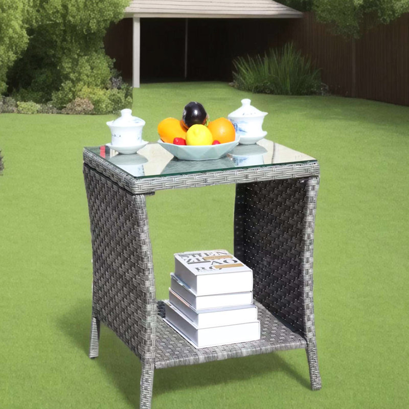Table basse grise pour patio avec verre trempé robuste de 19,82 po x 19,82 po x 21 po et résistant à l'eau