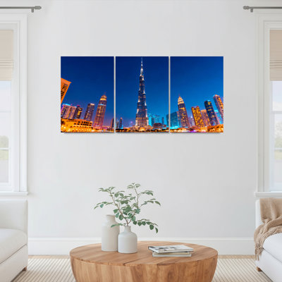Dubai Skyline with Burj Khalifa Canvas Wrapped Wall Art Oil Painting Print Set of 3