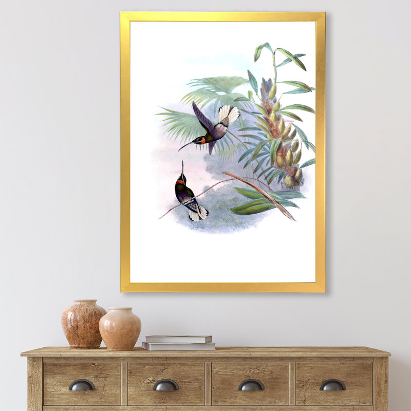 Colibri rétro sur une branche - impression sur toile, H 32 po x l 16 po x P 1,5 po, Toile encadrée d'or