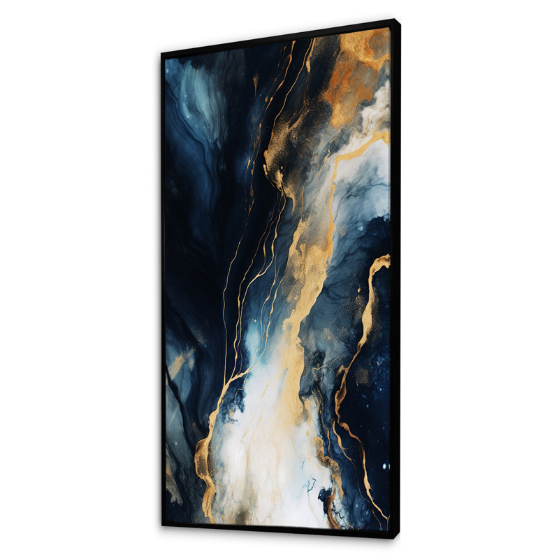 Or et bleu, peinture abstraite sur marbre II - décoration murale en marbre, Cadre flottant noir, H 60 po x l 28 po x P 1,5 po