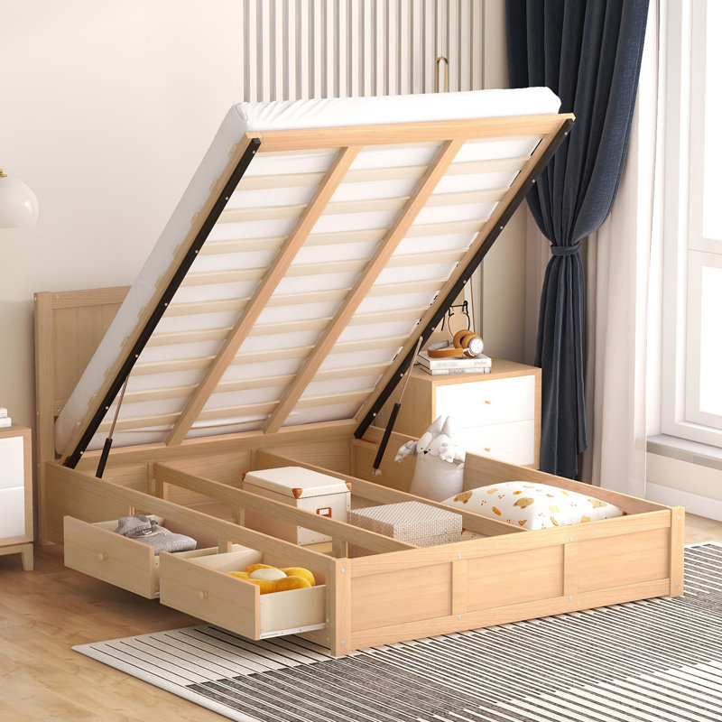 Grand lit plateforme en bois avec rangement inférieur et 2 tiroirs, Double