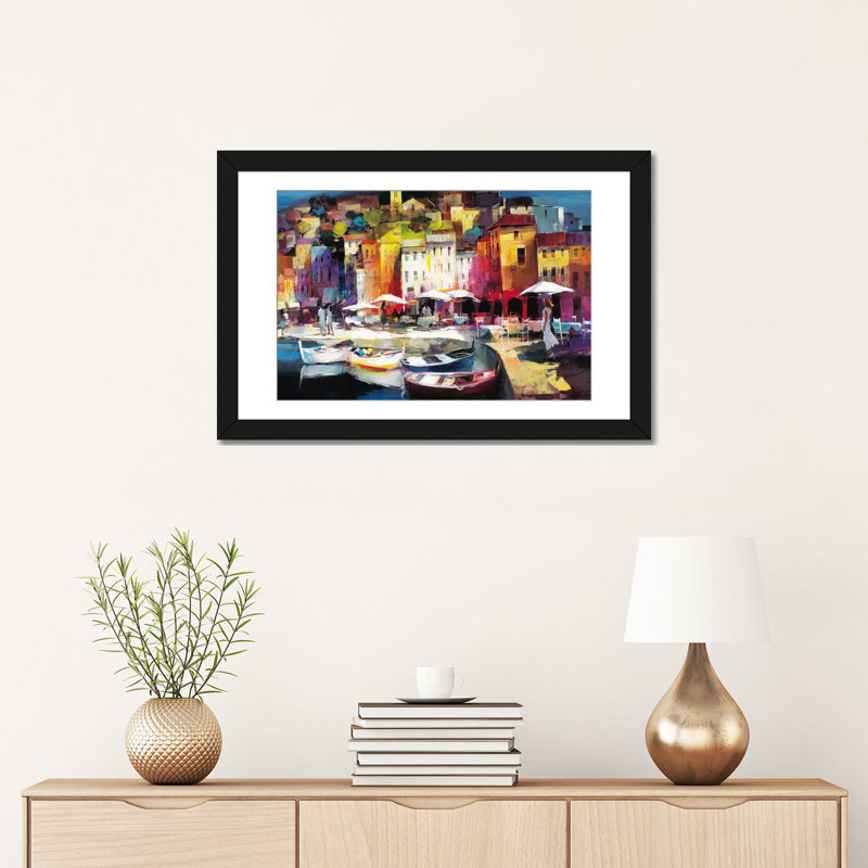 « maritime town ii », reproduction sur toile, H 18 po x l 26 po x p 1,5 po, Toile avec cadre noir, Blanc