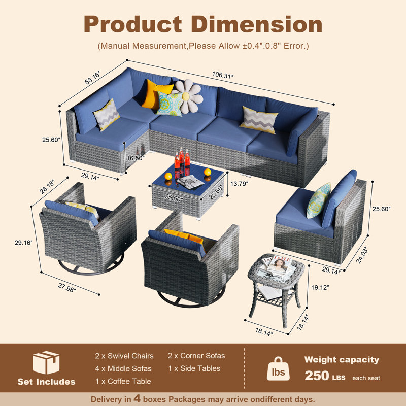 8 - Person Patio Conversation Set with Cushions, Blue, No