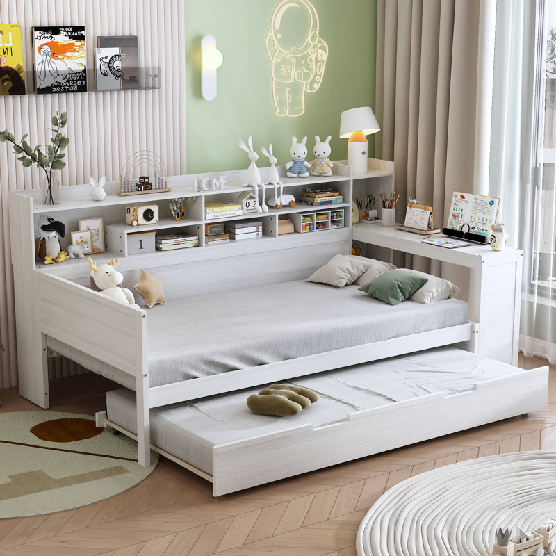 Wooden Daybed With Storage Shelves, Multi-Functional Bed With Trundle Bed And  Study Desk, Twin, Antique White