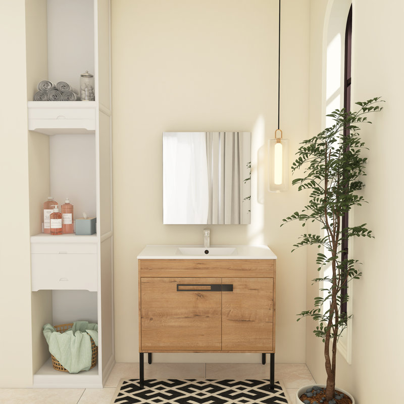 Meuble-lavabo simple 36 po avec plateau en céramique Tavious, Chêne