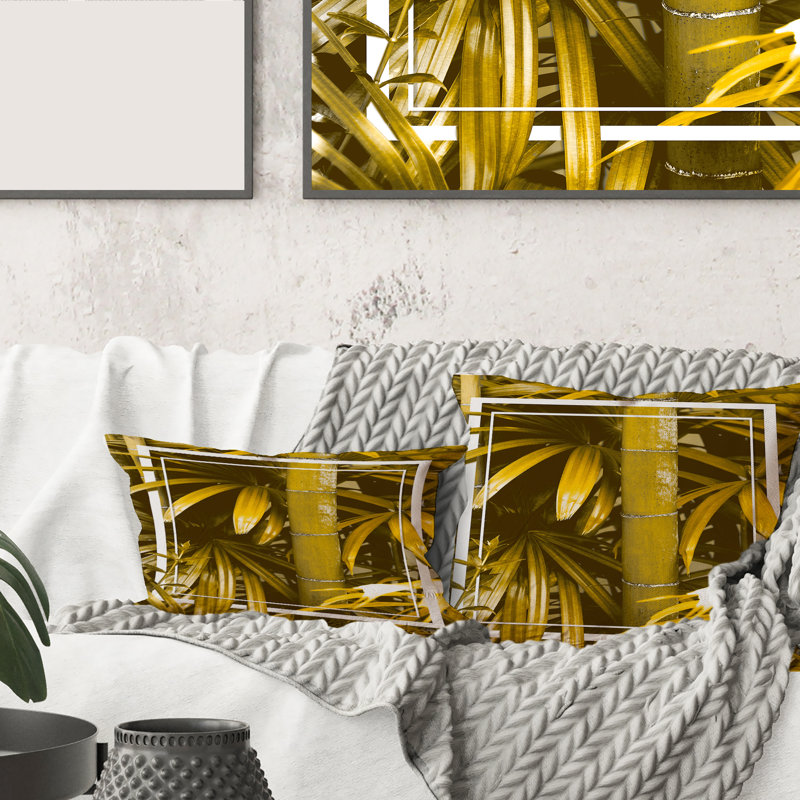 Rectangle, bambou jaune et feuilles tropicales - Coussin décoratif imprimé tropical