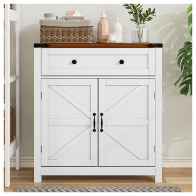Armoire de rangement Farmhouse avec tiroir et tablette réglable - Armoire de cuisine blanche avec comptoir en noyer, console polyvalente pour cuisine, salle à manger, salle de bain, entrée