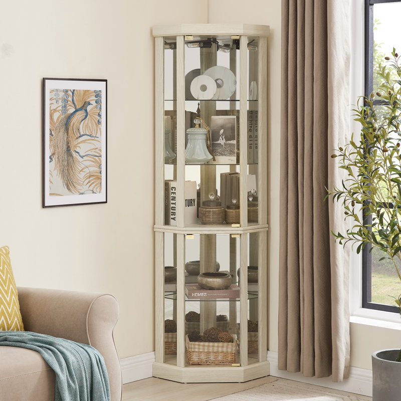 Corner Lighted Curio Cabinet Corner Glass Cabinet Lighted Curio Cabinet Corner Display Case For Living Room, Curio Cabinet, Antique Collection, Wine,Bar Glass Storage Light Included,Antique White