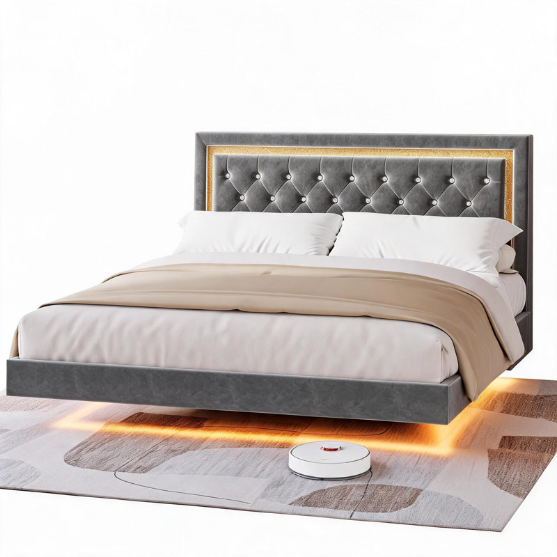Lit plateforme tapissier Boucle, Complet gris