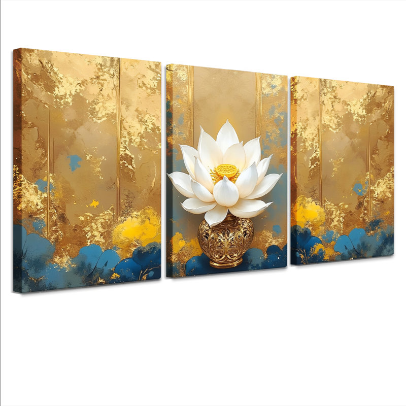 Golden Lotus Floral, reproduction d'art sur toile tendue sur toile (ensemble de 3), H 30 po x l 60 po