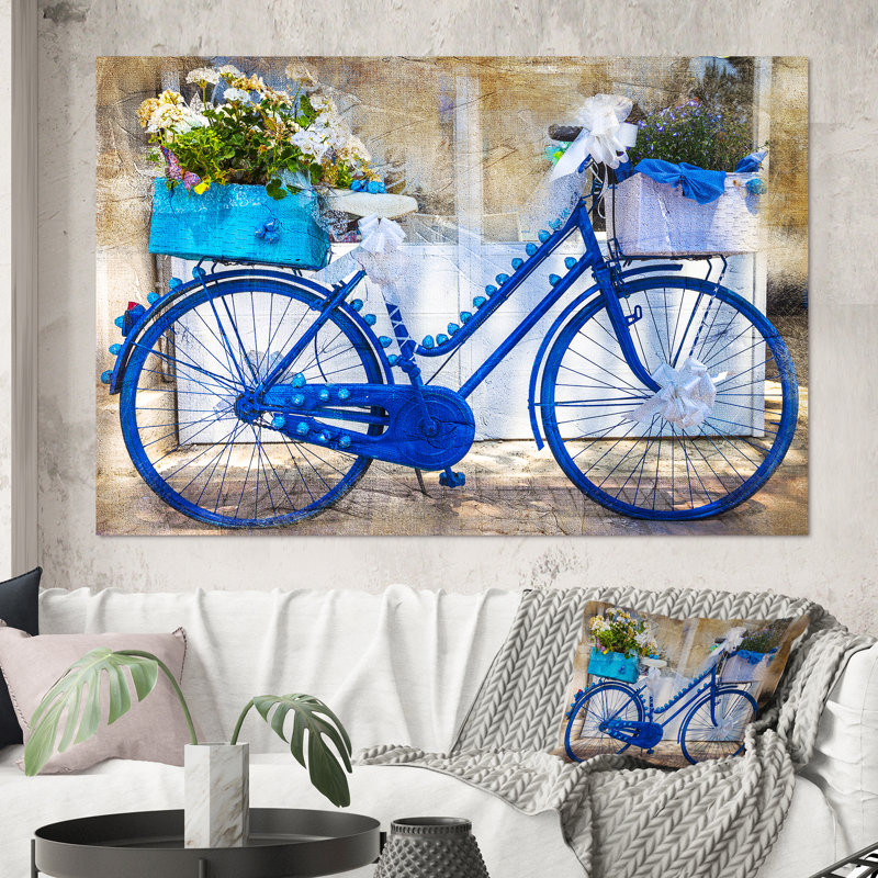 Vélo rétro bleu avec fleurs - Impression sur toile, H 40 po x l 60 po, Toile tendue