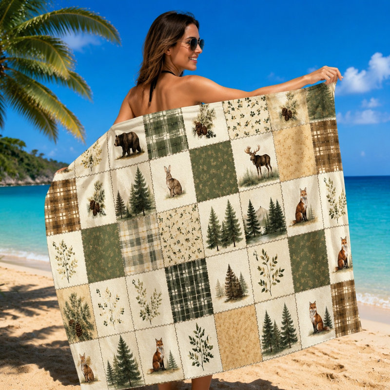 1 pièce de serviette de plage rustique en patchwork de bois, avec des ours, des orignaux, des renards, des lapins et des pins dans une conception de courtepointe confortable. Grande microfibre pour piscine, voyage, unisexe.