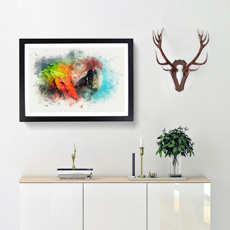 Rainbow Macaw Parrot in Abstract - Picture Frame Graphic Art Print, 40cm H x 60cm W x 2cm D, Black