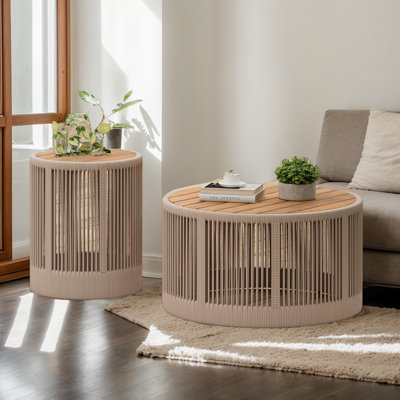 Ensemble de 2 tables d'extérieur de 26 po et 12 po de style rustique industriel avec table basse et corde d'appoint