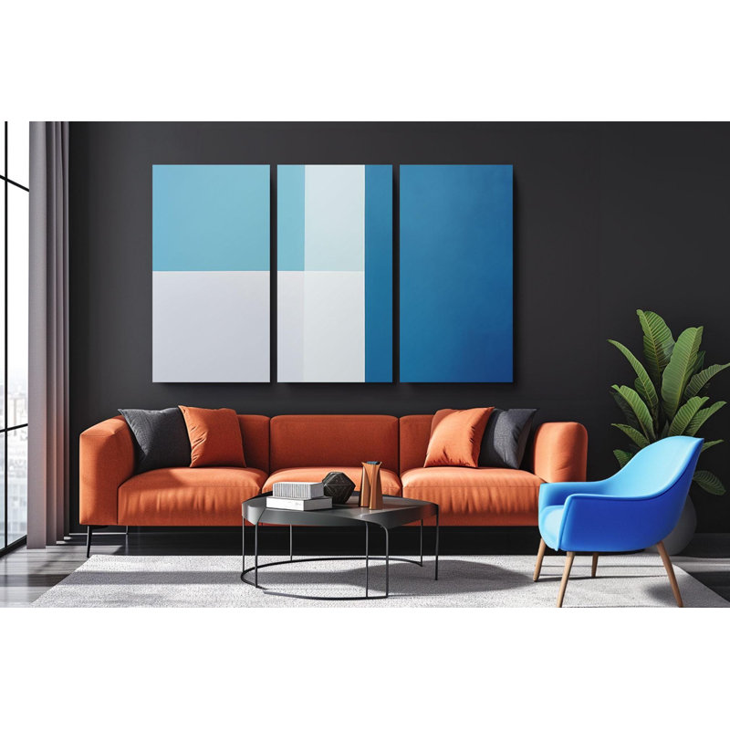 «Triptych», art mural sur toile - ensemble de triptyque abstrait bleu minimaliste - grande décoration murale géométrique pour des intérieurs modernes