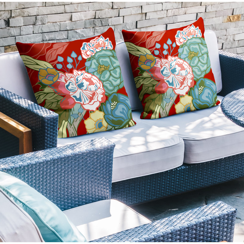 Floral Outdoor Reversible Throw Pillow, 15W" x 15H", Red/Green/Blue